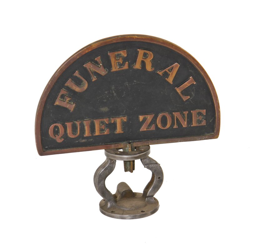 unusual c. 1917-20 double-sided solid cast bronze funeral procession "quiet zone" ordinance sign with nicely aged surface patina
