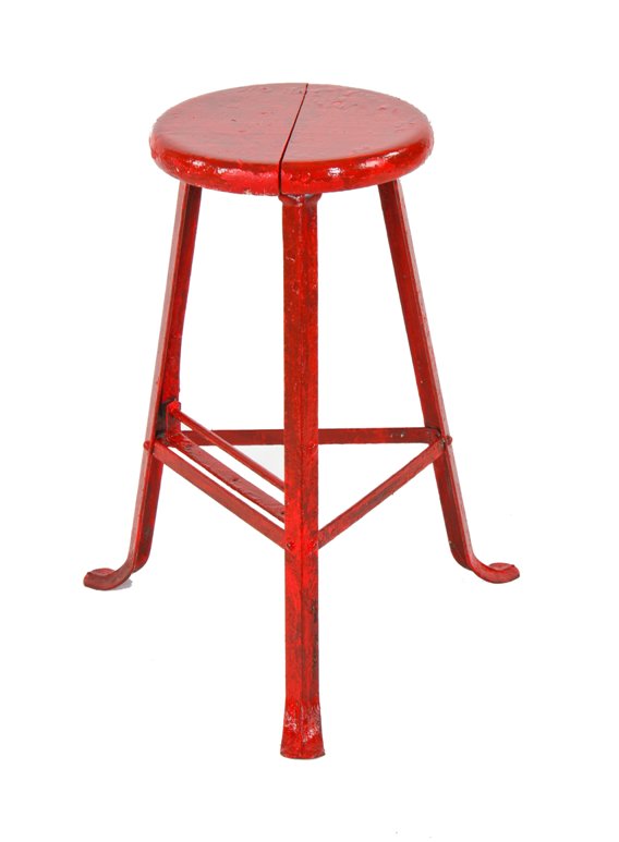 early 1920's american vintage industrial three-legged angled iron low-lying stationary factory stool with red paint finish