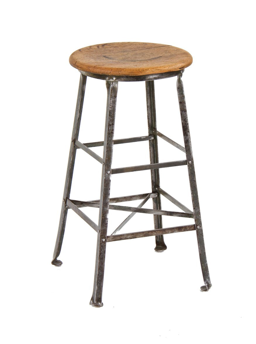 refinished c. 1920's american industrial riveted joint "ot-steel" four-legged stationary factory workshop stool with solid oak wood seat