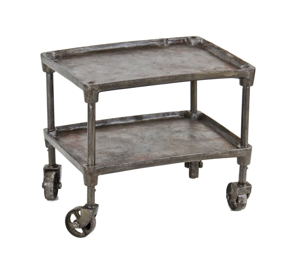 heavy-duty c. early 20th century american vintage industrial two-tier refinished cast iron factory tool & die mobile cart with oversized spoked casters