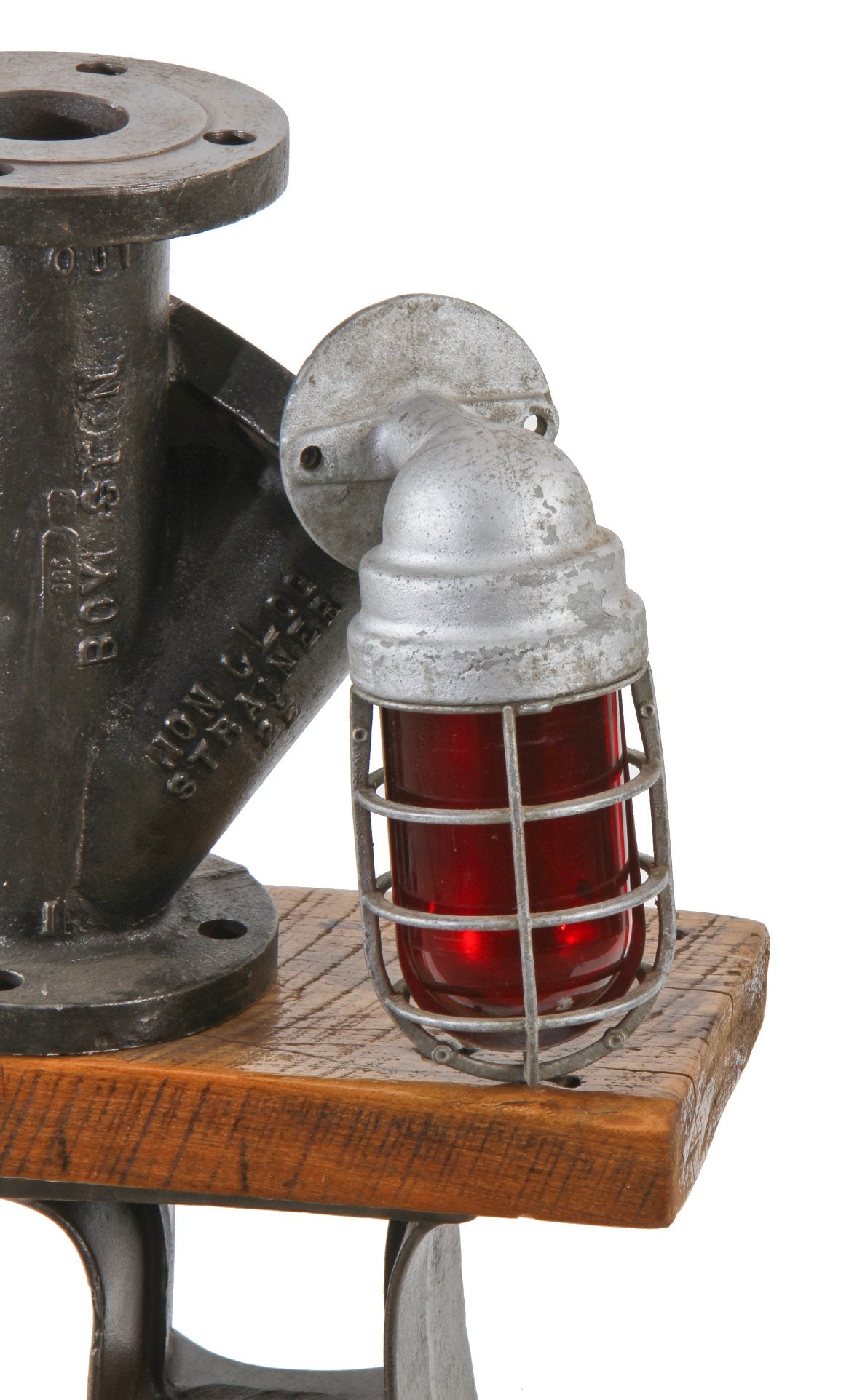 original late 1940's american industrial munitions factory "explosion proof" flush mount galvanized steel wall sconce with ruby red glass bulb guard