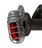 durable vintage american industrial hazardous area ruby red "explosion proof" wall-mount signal lamp with fully adjustable steel reflector