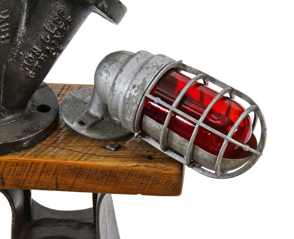 completely intact c. 1940's vintage american industrial wall-mount explosion proof fire alarm call box cage light with ruby red glass bulb guard