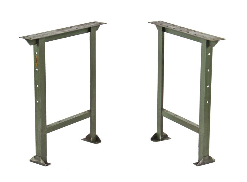 vintage american industrial heavily reinforced angled iron factory workbench legs or bases with intact "pollard green" enameled finish