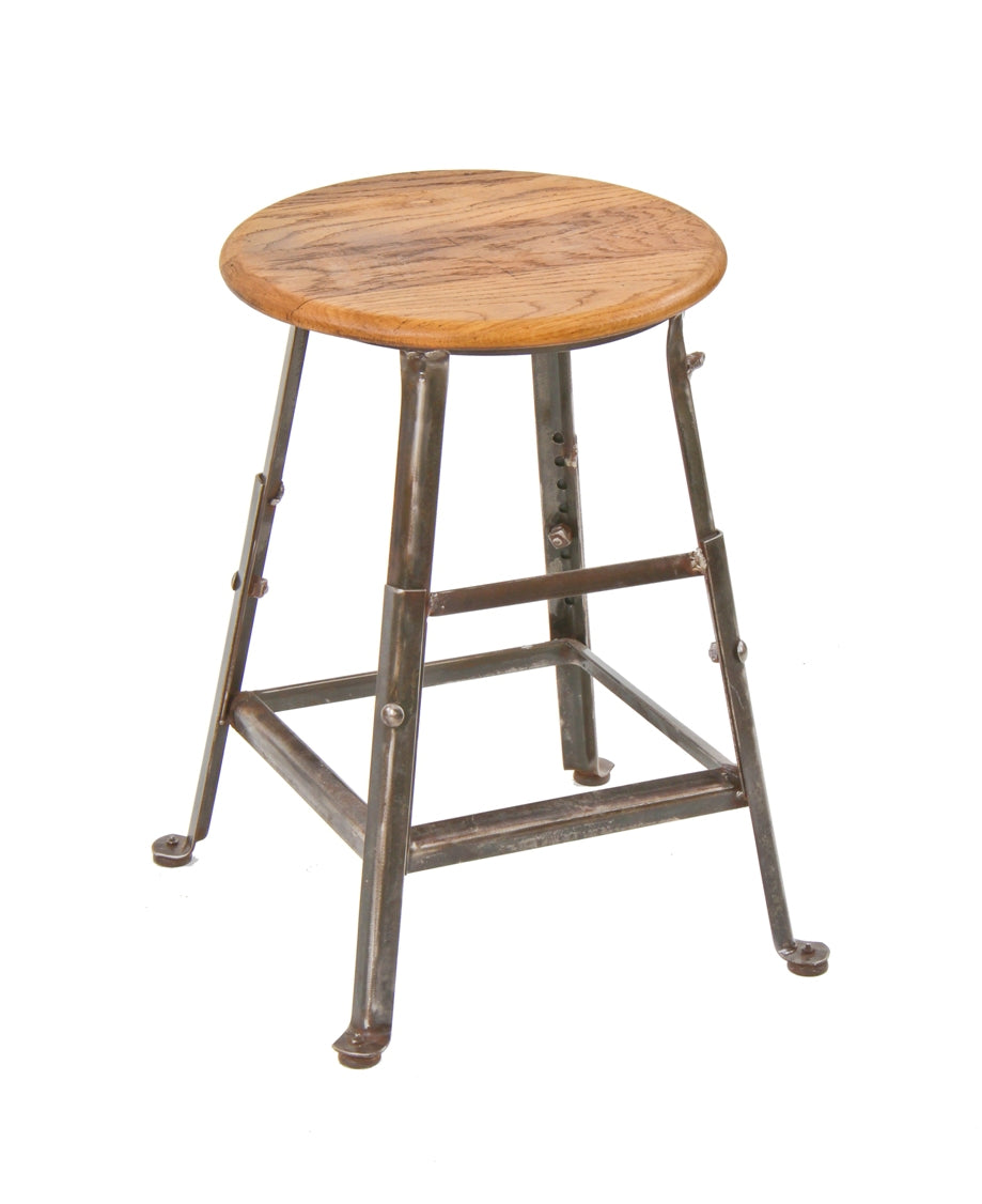 c. 1920's american industrial adjustable height welded joint four-legged factory workbench stool with intact circular-shaped oak wood seat