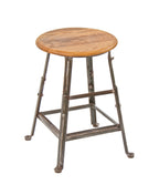 c. 1920's american industrial adjustable height welded joint four-legged factory workbench stool with intact circular-shaped oak wood seat