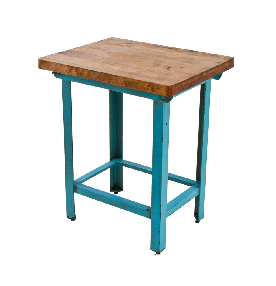 original c. 1930's american industrial workshop blue enameled welded joint angled iron machine base with newly added maple top