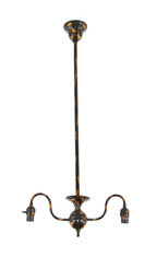 original early 20th american interior residential victorian era double arm electric pendant ceiling light fixture with intact oxidized copper-plated finish