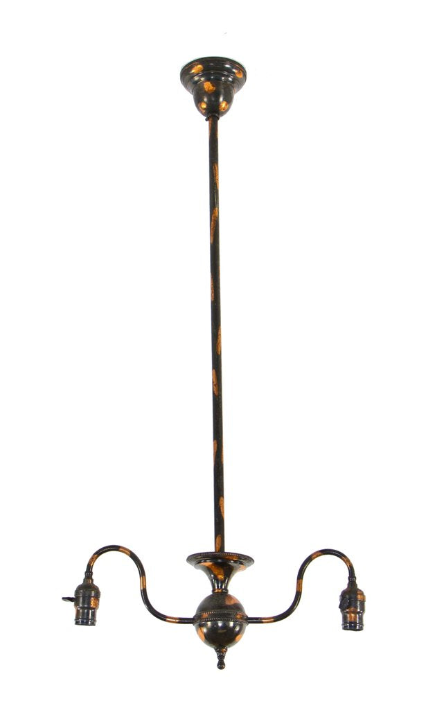 original early 20th american interior residential victorian era double arm electric pendant ceiling light fixture with intact oxidized copper-plated finish