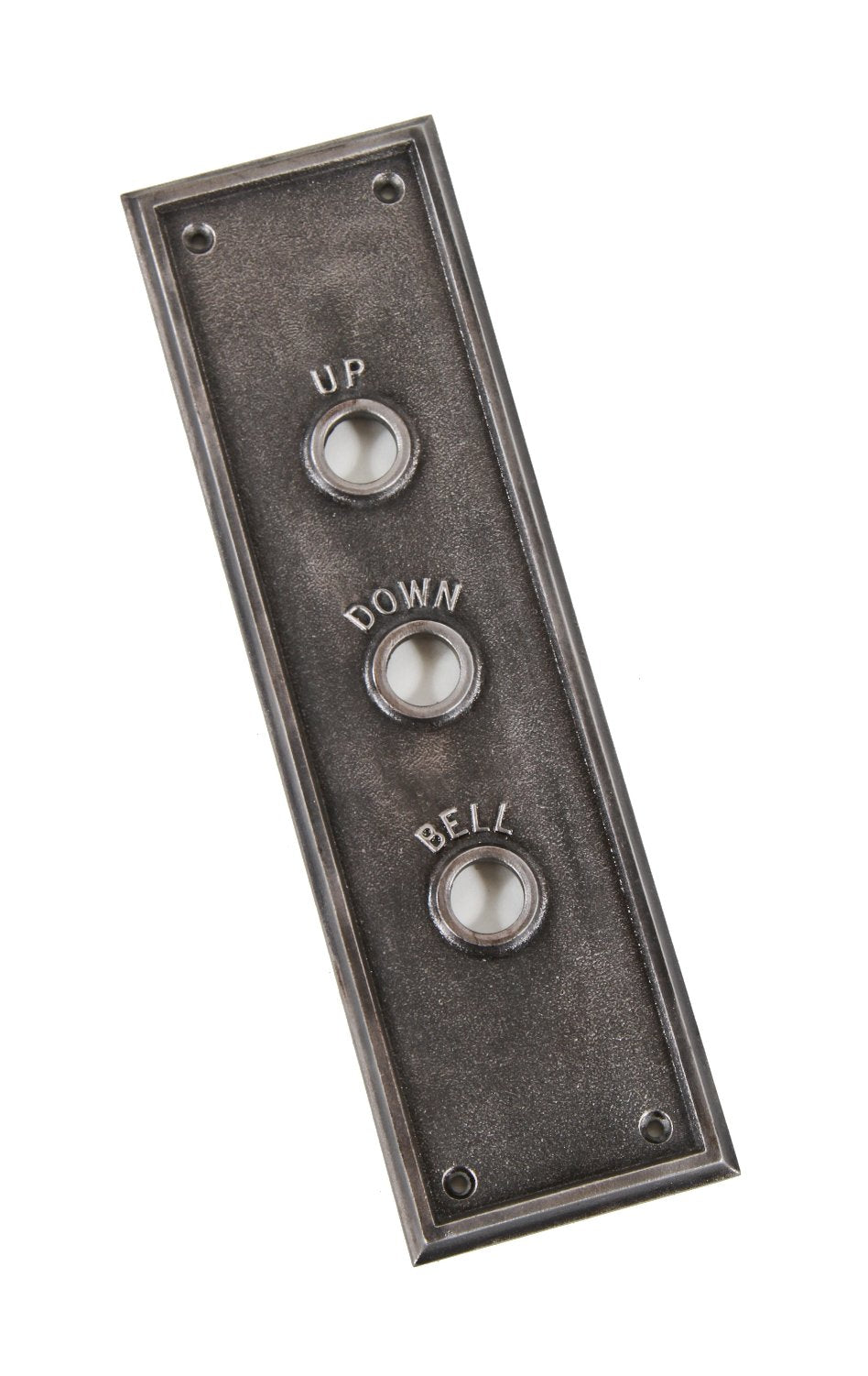 c. 1930's vintage american industrial brushed cast iron factory building freight elevator wall-mount cab call three-button backplate