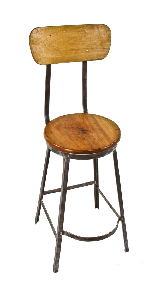 refinished late 1920's american vintage industrial riveted joint angled iron four-legged stool with solid birch wood seat and contoured backrest