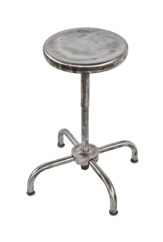 single highly desirable refinished american industrial late 1940's fully adjustable telescoping "adjustrite" four-legged tubular steel factory stationary stool