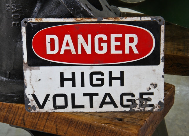 original vintage american industrial timeworn die cut steel "high voltage" wall-mount factory danger or cautionary sign
