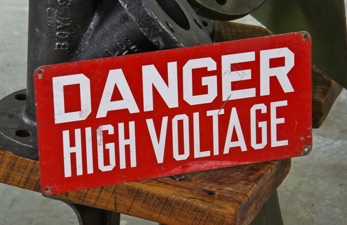 c. 1940's brightly colored cherry red enameled single-sided die cut steel power substation "high voltage" danger or cautionary sign