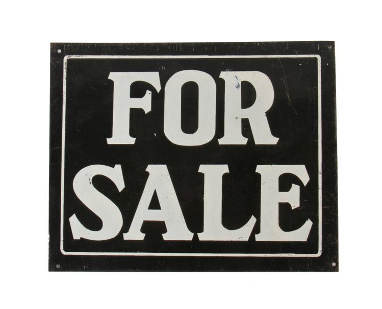 original new old stock american vintage depression era single-sided stamped tin "for sale" wall-mount sign with baked enameled finish