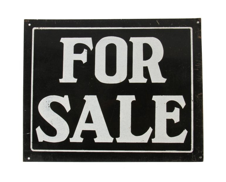 c. 1930's vintage american single-sided stamped tin new old stock "for sale" sign with bold white lettering against a black enameled background
