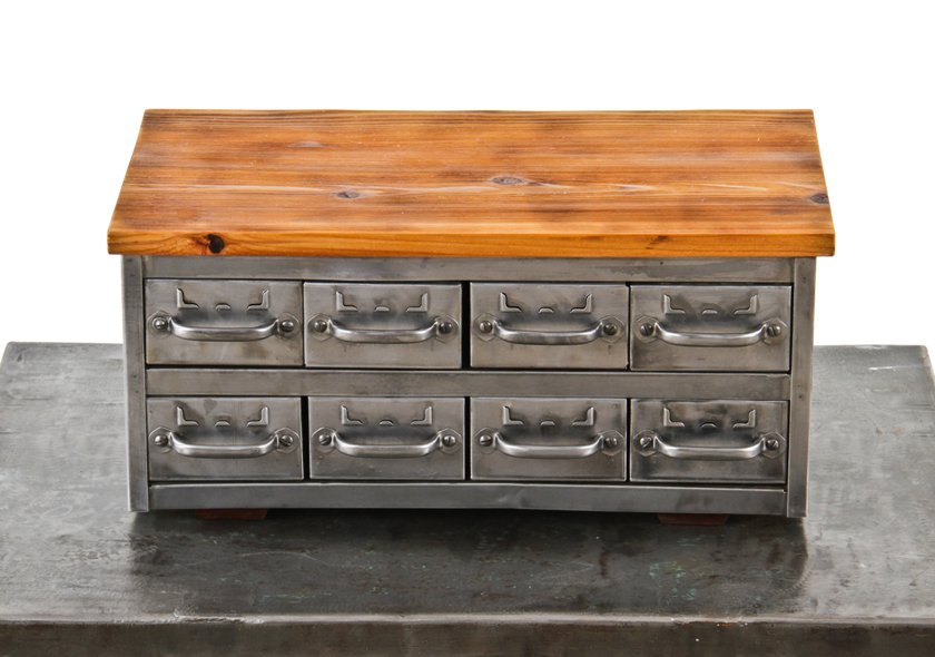 repurposed c. 1950's vintage american industrial cold-rolled steel compartmentalized diminutive cabinet with newly added cedar wood top