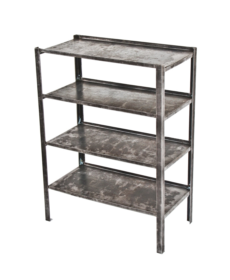 robust c. 1930's american vintage industrial freestanding all-welded brushed cold-rolled steel open-ended multi-purpose shelving rack