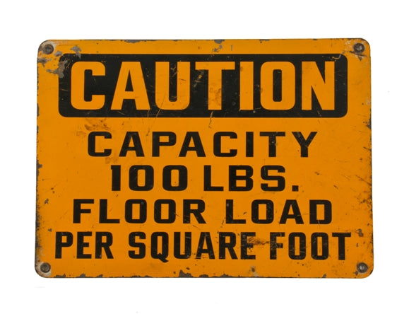 c. 1950's vintage american industrial wall-mount weathered yellow and black enameled die cut steel "floor load capacity" cautionary sign