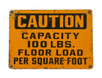 c. 1950's vintage american industrial wall-mount weathered yellow and black enameled die cut steel "floor load capacity" cautionary sign