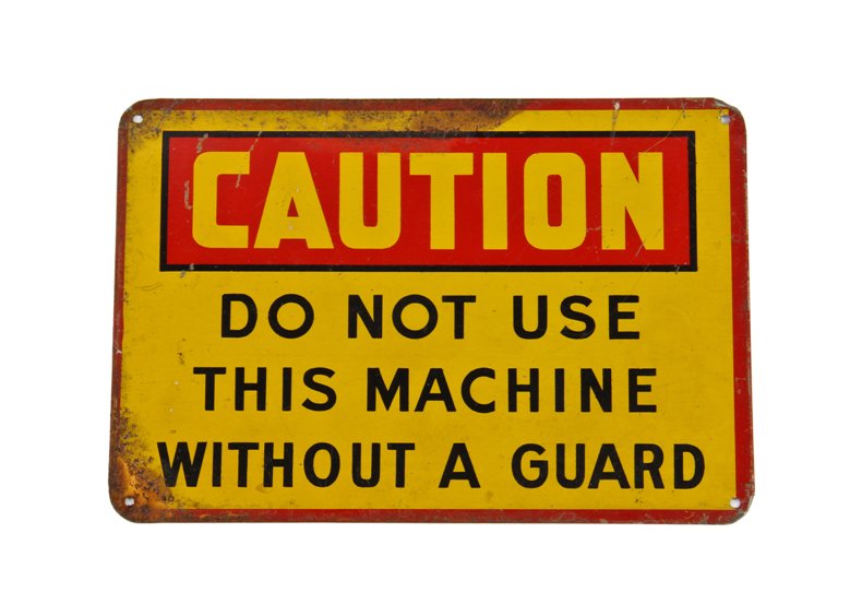 original early 1940's american industrial single-sided brightly colored meat processing factory enameled steel cautionary sign