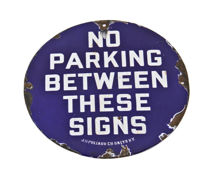 original early 1930's american circular-shaped cobalt blue porcelain enameled die cut steel single-sided "no parking" city street sign
