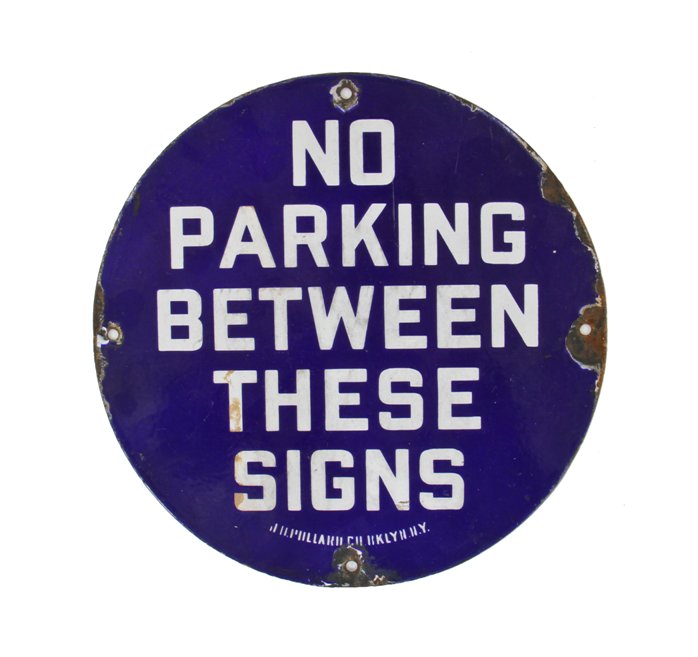 largely intact single-sided c. 1920's die cut steel cobalt blue porcelain enameled city street "no parking" informational sign