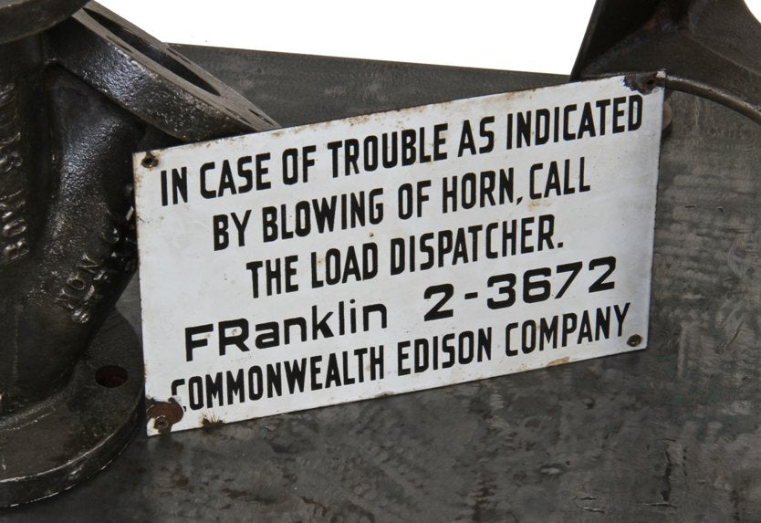 original c. 1940's american vintage industrial single-sided white porcelain enameled "blowing of horn" instructional power substation sign