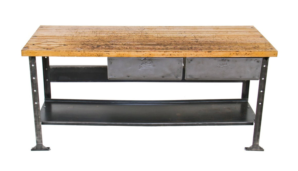 american vintage industrial fixed-leg factory machine shop workbench with solid maple wood tabletop and matching sliding drawers