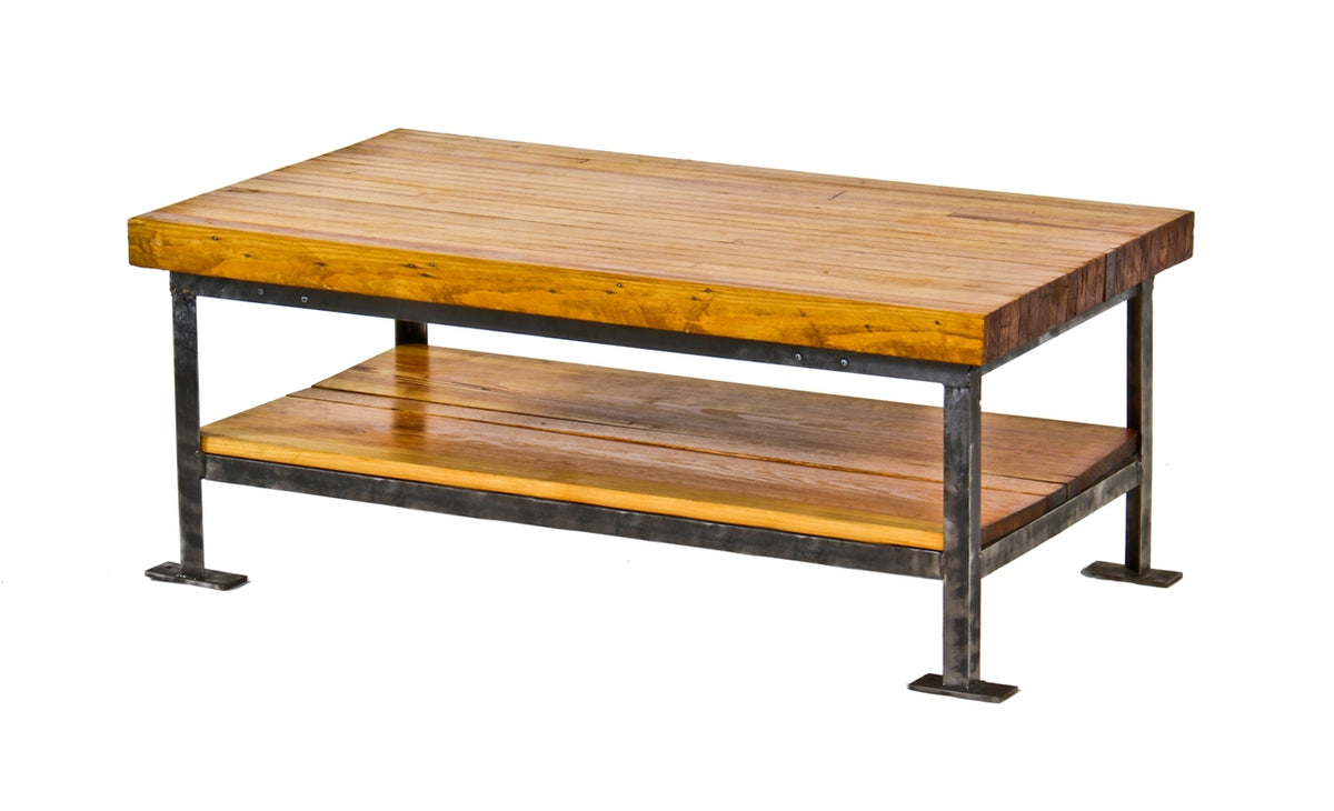 solidly built and well-proportioned vintage american industrial repurposed low-lying two tier table with maple wood bowling alley lane top
