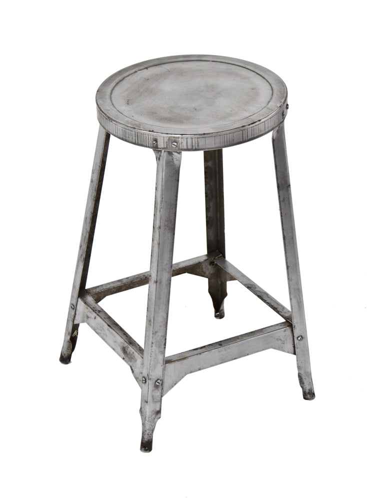 c. 1950's vintage american industrial lightweight pressed and folded cold-rolled steel four-legged stool reinforced with stretchers