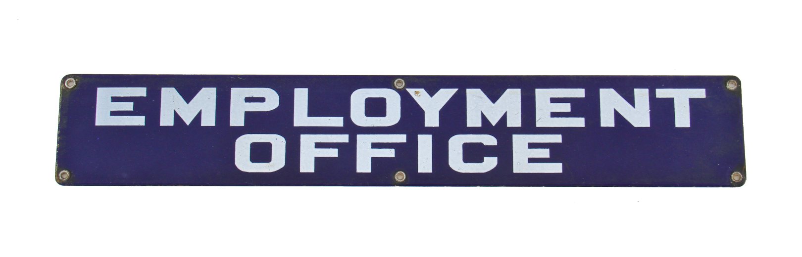 c. late 1930's cobalt blue porcelain enameled single-sided die cut steel "employment office" factory sign with intact steel grommets