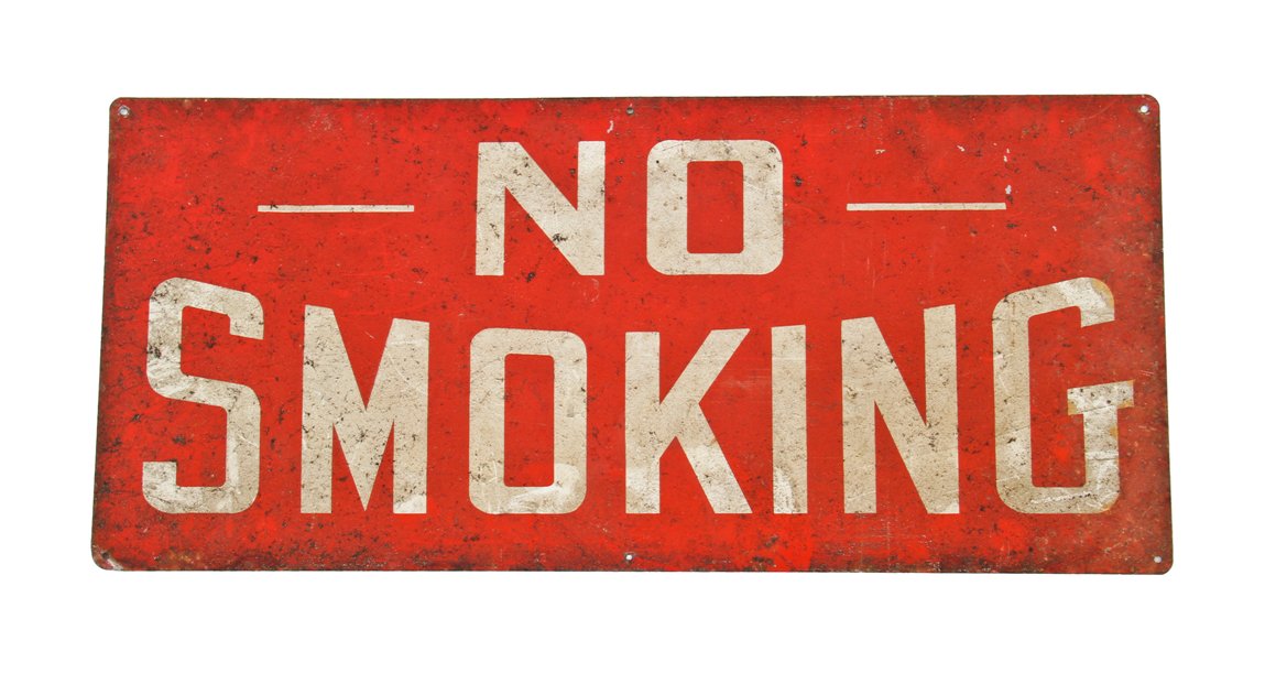 original american industrial c. 1940's single-sided die cut steel "no smoking" factory wall-mount informational sign with bold white lettering