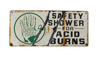 early example of an old industrial porcelain enameled "safety first" die cut steel notification sign salvaged from a general electric assembly plant