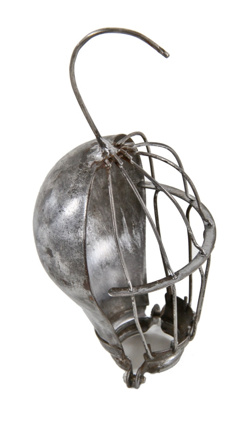 c. 1910 brushed steel vintage american industrial "loxon" galvanized steel light bulb guard or cage with intact sheet metal reflector