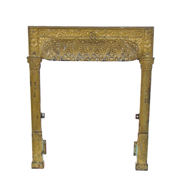 c. late 19th century metallic gold enameled american victorian era ornamental cast iron fireplace gas insert surround with fluted pilasters