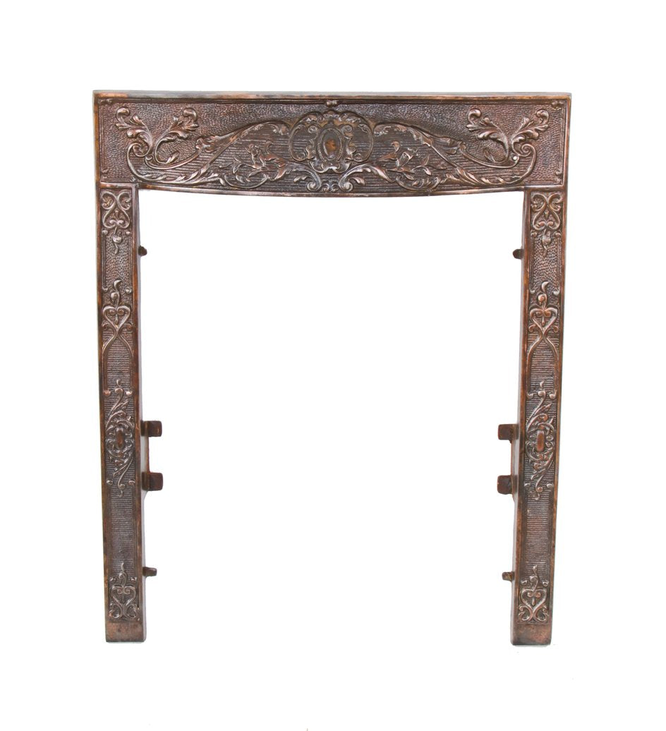 19th century antique american ornamental cast iron interior residential victorian era fireplace gas grate surround with largely intact copper-plated finish