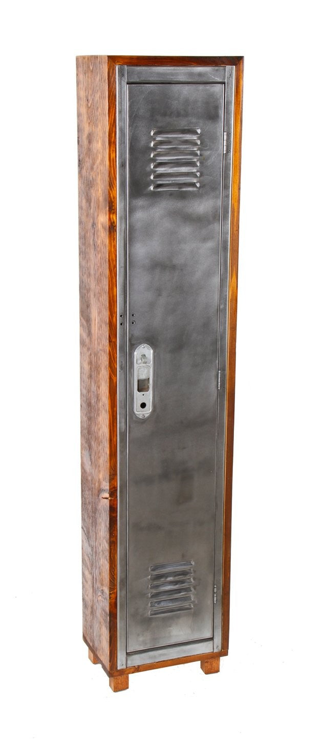 solidly built vintage american industrial repurposed single unit cedar wood freestanding locker with brushed metal louvered and hinged door