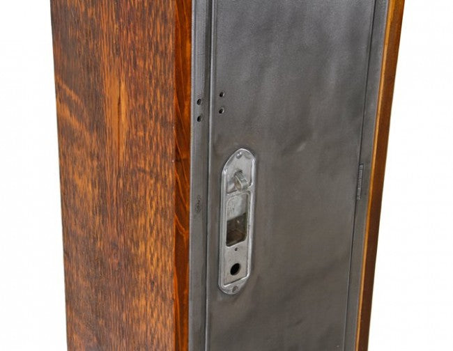 solidly built vintage american industrial repurposed single unit cedar wood freestanding locker with brushed metal louvered and hinged door
