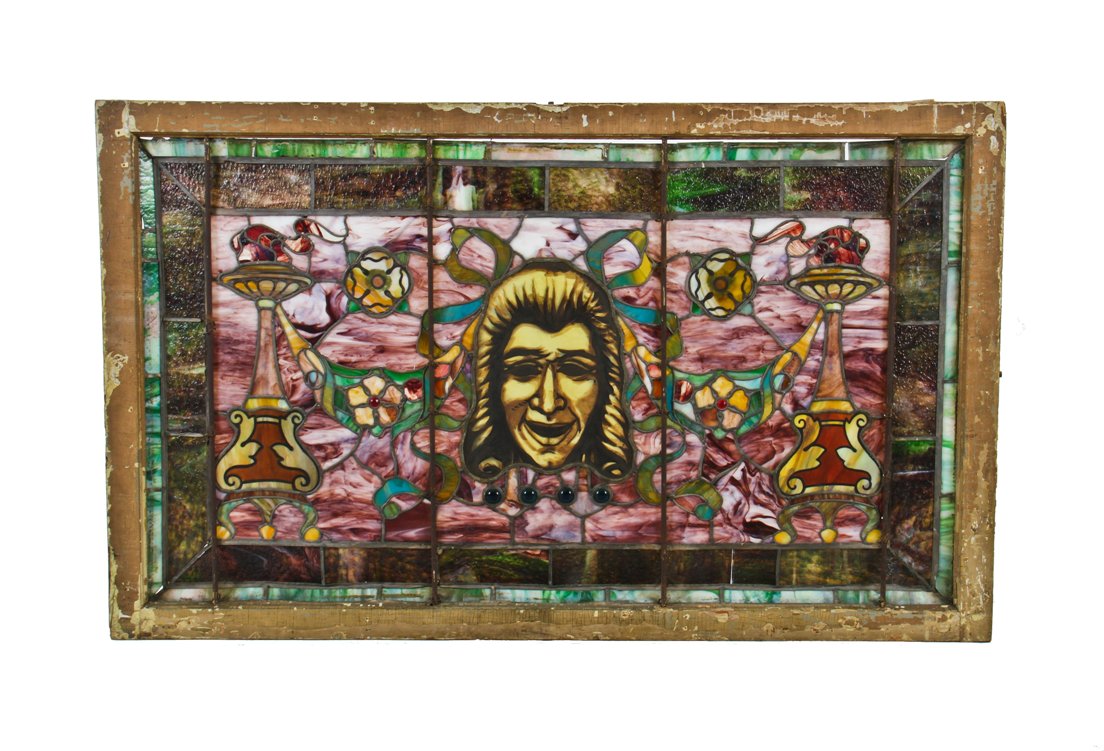 remarkable early 20th century american oversized interior cincinnati theater stained glass transom window with centrally located "comedy" mask