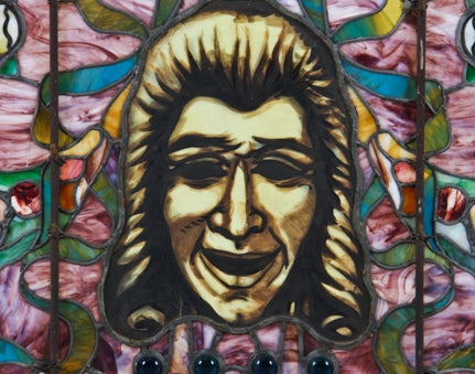 remarkable early 20th century american oversized interior cincinnati theater stained glass transom window with centrally located "comedy" mask