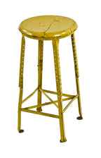 original c. 1930's american vintage industrial fully adjustable factory stool with a nicely distressed allover yellow paint finish