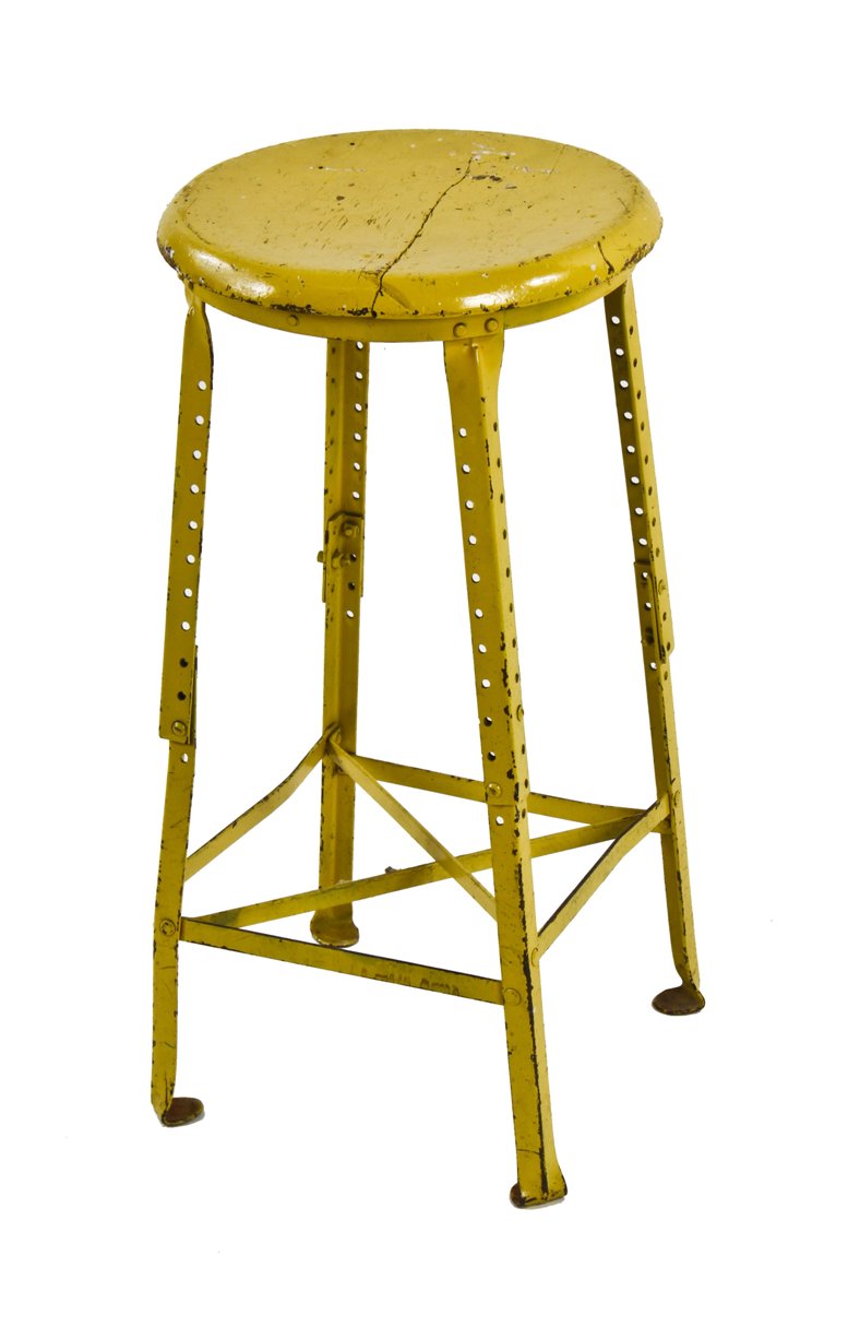 original c. 1930's american vintage industrial fully adjustable factory stool with a nicely distressed allover yellow paint finish