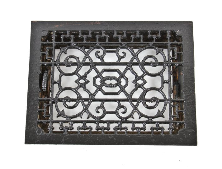 partially intact late 19th century antique american victorian era "brilliant" pattern ornamental black enameled cast iron floor register