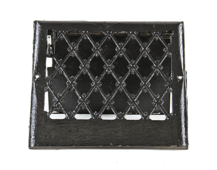 original early 20th century ornamental cast iron single louvered interior residential black enameled baseboard heat register