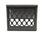 original early 20th century black enameled ornamental cast iron lattice patterned residential baseboard heat register with louver
