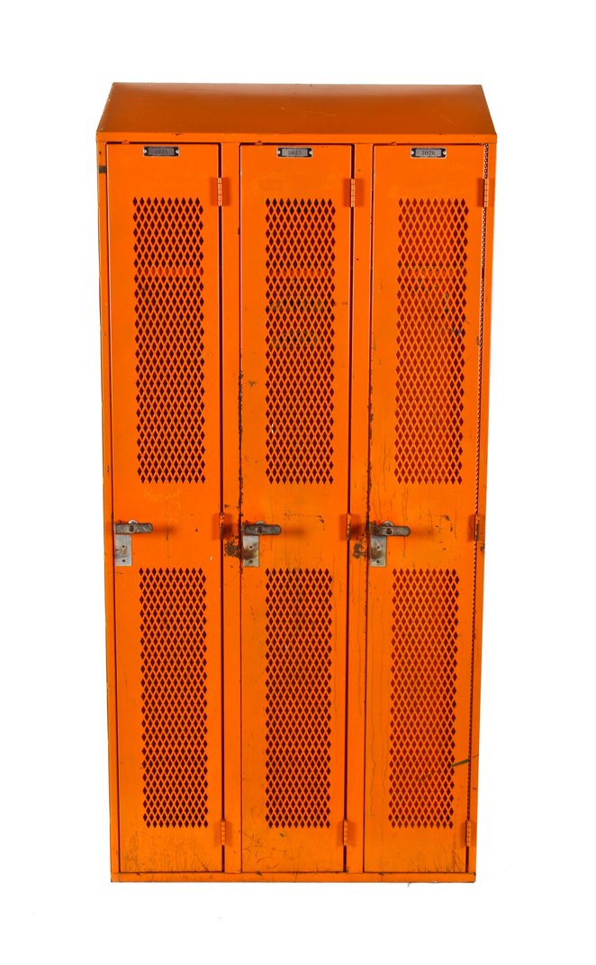 all original and intact heavy gauge cold-rolled orange enameled steel chicago public school three unit upright locker with angled top