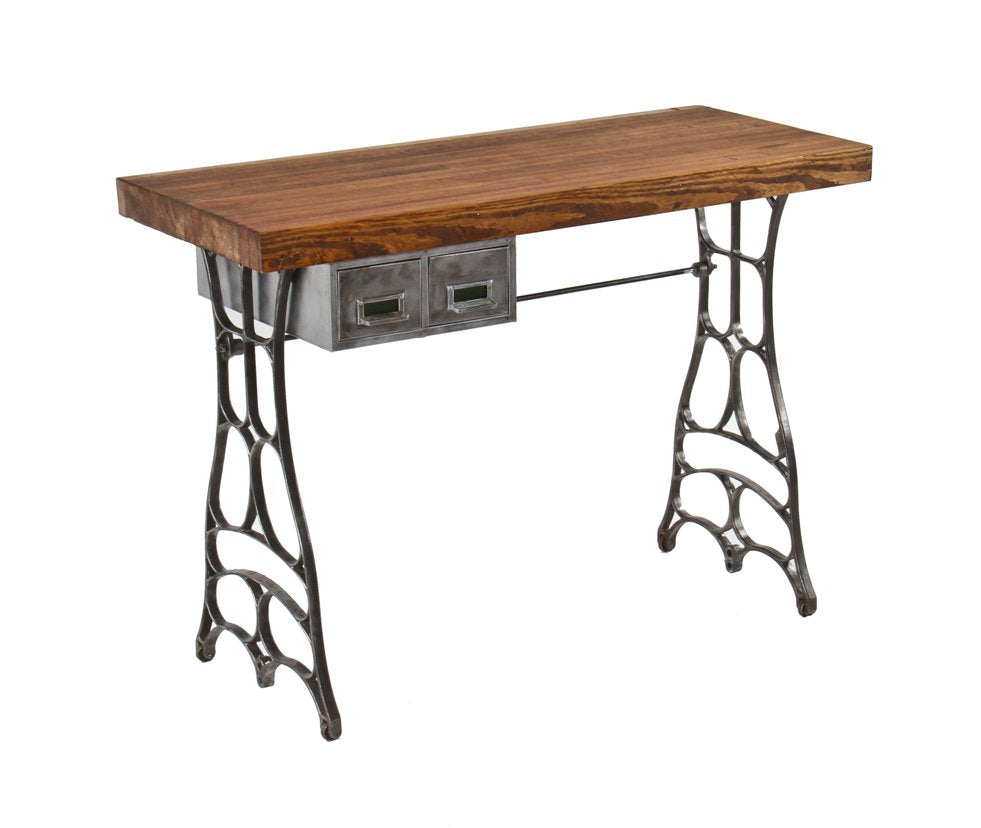 repurposed vintage american industrial mobile workstation or desk featuring elegantly designed cast iron bases and newly added tabletop