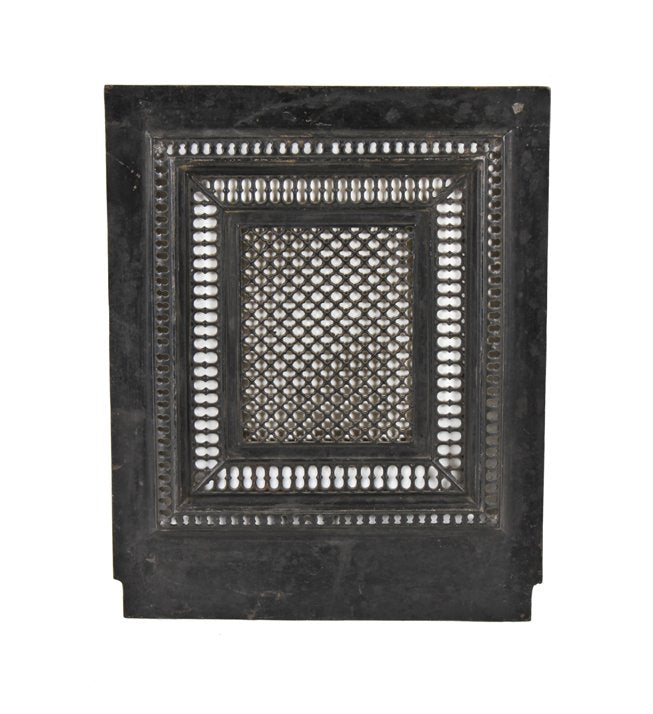 c. 1880's antique american ornamental cast iron interior residential pierced gothic style fireplace summer cover with intact "japanned" finish