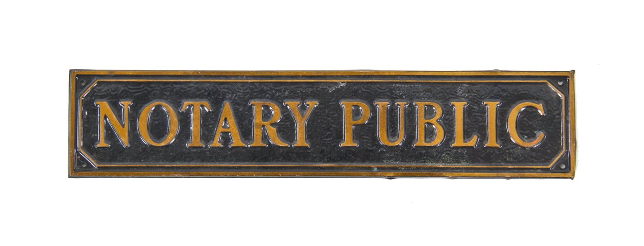 single-sided c. 1930's american vintage stamped brass "notary public" commercial building office door sign with baked black enameled inlay
